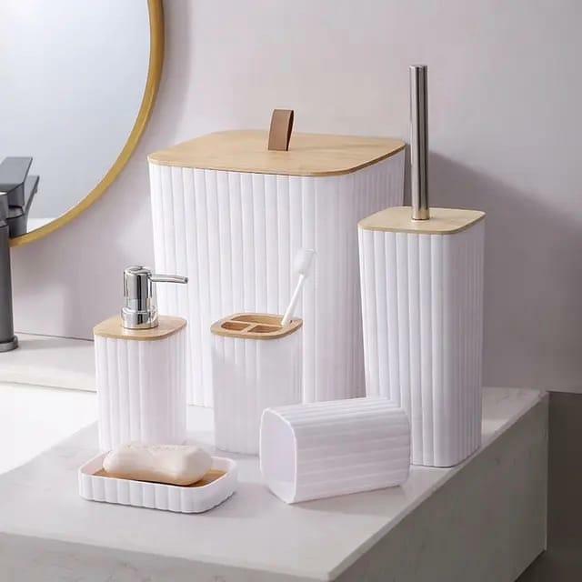 Set d'accessoires de salle de bain en plastique bambou écologique de 6 pièces