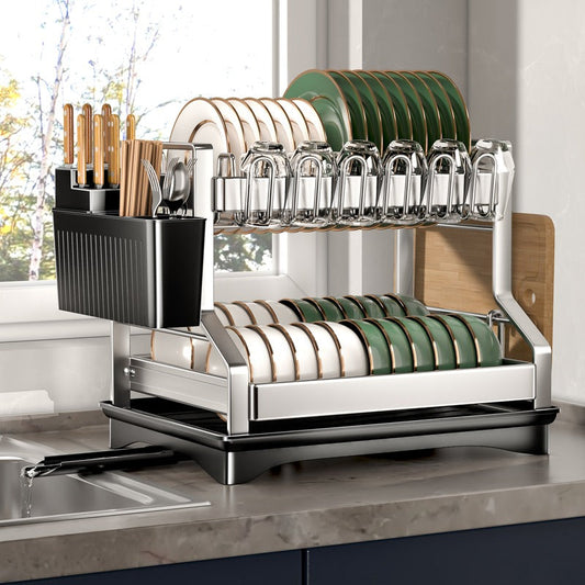 Rangement à vaisselle de cuisine à 2 niveaux avec plateau d'égouttage