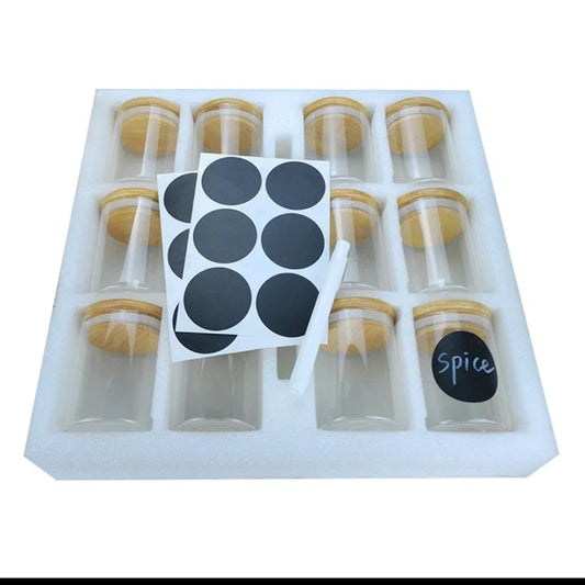 12 bocaux en verre ronds avec étiquettes de garde-manger