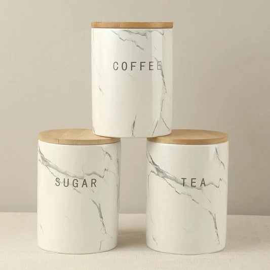 Set de 3 bocaux en céramique hermétiques avec couvercle en bambou