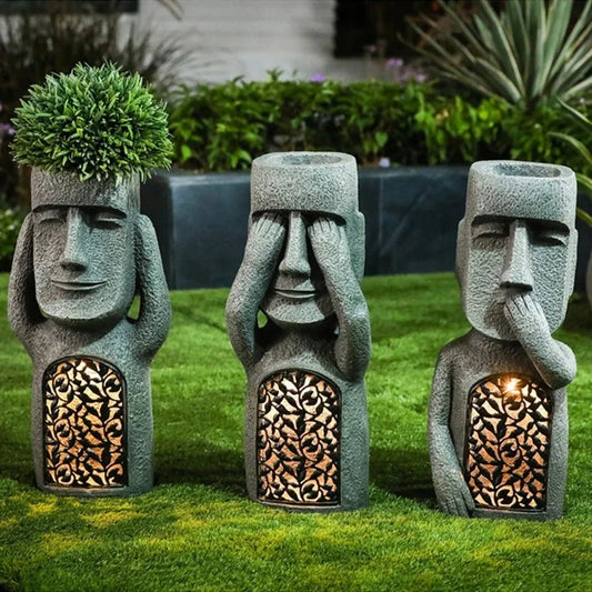 Statue de l'île de Pâques, pot de fleurs – Éclairage LED – pour l'extérieur – décoration de jardin