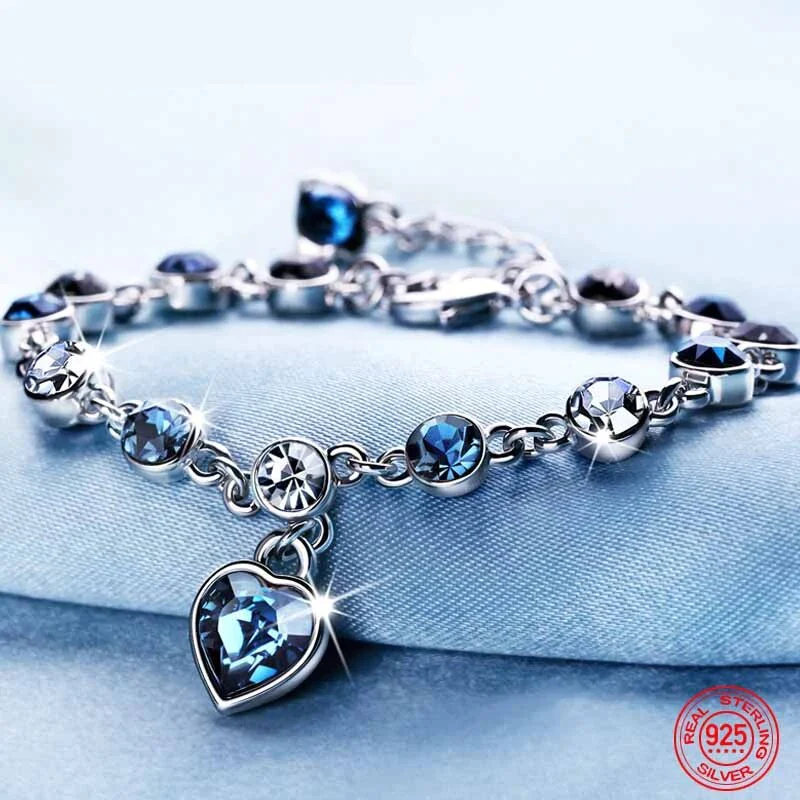 Enchanting Ocean Heart Crystal Bracelet with Radiant Blue Heart Charm