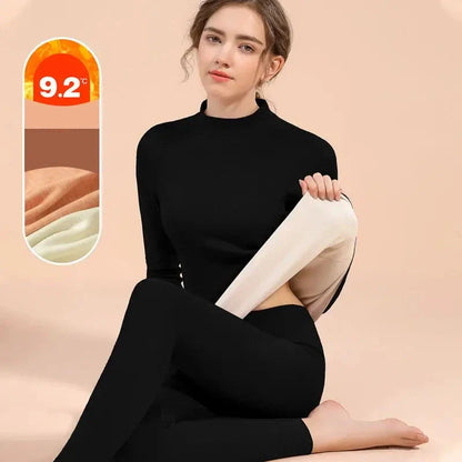 Ensemble de sous-vêtements thermiques en velours pour femmes - Couche de base à col moyen-haut chaud, vêtements de détente sans couture pour l'hiver