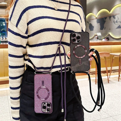 Coque de sangle croisée scintillante MagSafe de luxe pour iPhone 16 Pro, couvercle de lanière arrière en TPU avec charge sans fil électroplaquée