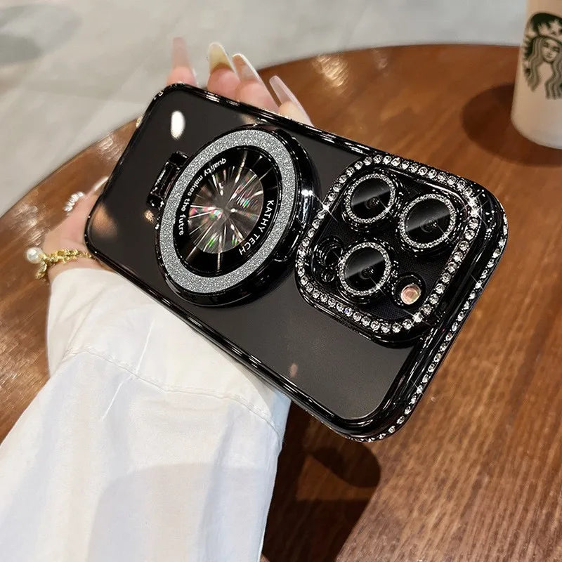 Coque de Plating Glitter Bling MagSafe de Luxe avec Support Anneau pour iPhone 16 ProMax 15 11 12 13 14 Plus Charge Sans Fil en Silicone Diamant