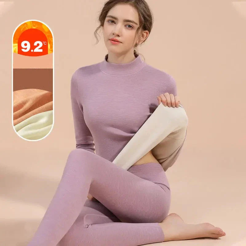 Ensemble de sous-vêtements thermiques en velours pour femmes - Couche de base à col moyen-haut chaud, vêtements de détente sans couture pour l'hiver