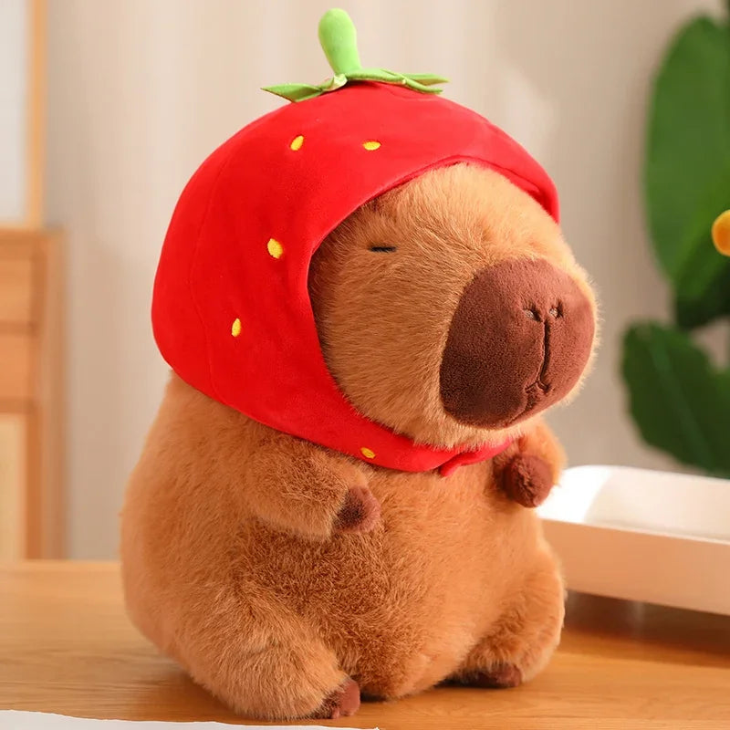 Kawaii Capybara Peluche - Animal en Peluche Fluffy avec Sac de Tortue & Casquette de Fraise, Idéal Cadeau d'Anniversaire pour Enfants & Décoration de Maison