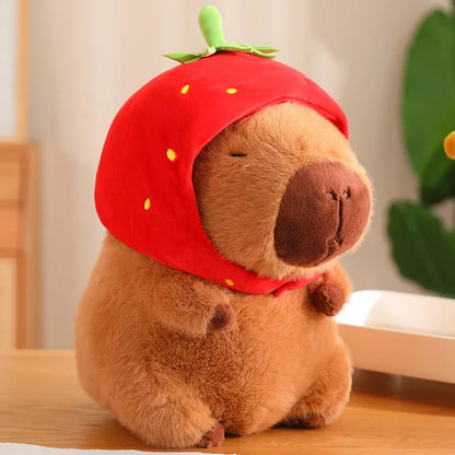 Kawaii Capybara Peluche - Animal en Peluche Fluffy avec Sac de Tortue & Casquette de Fraise, Idéal Cadeau d'Anniversaire pour Enfants & Décoration de Maison