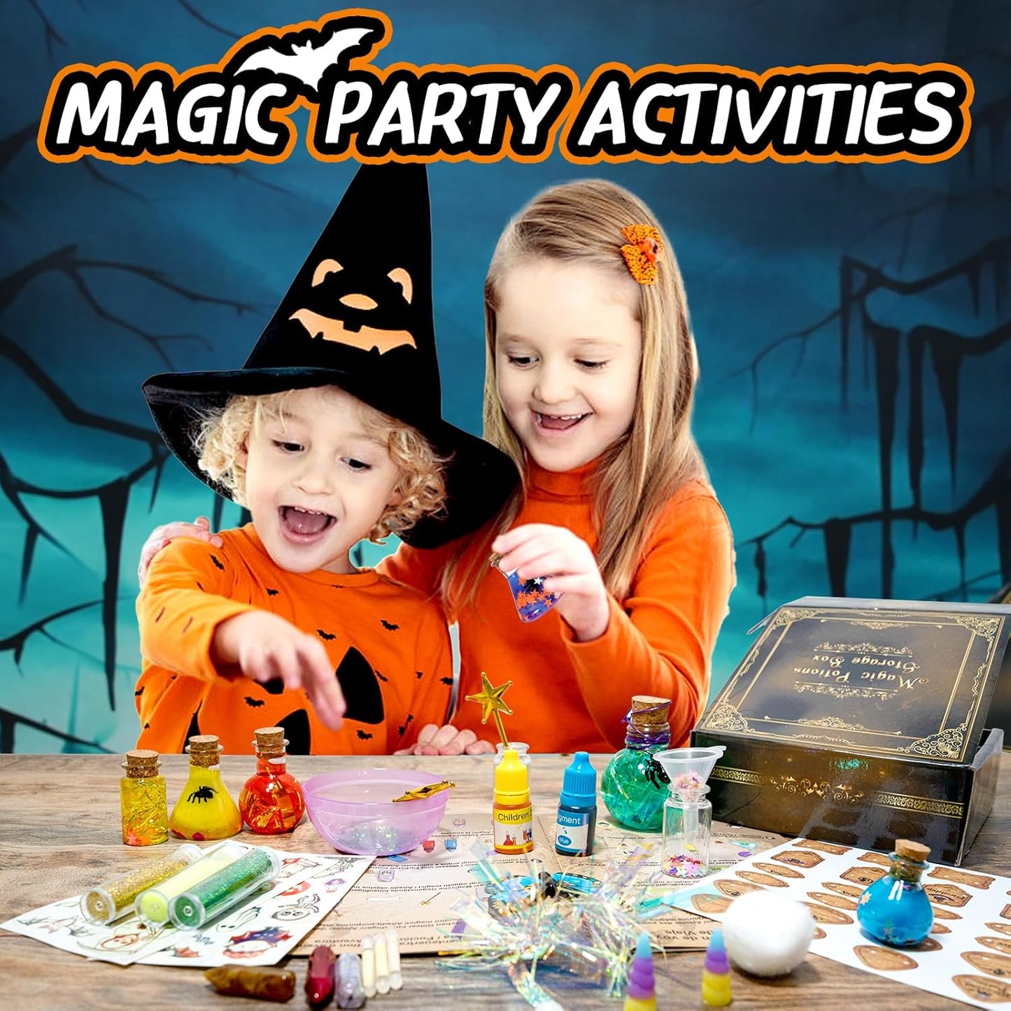Kit de potions magiques DIY enchanteur pour enfants - 24 bouteilles, livre de sorts et accessoires magiques pour s'amuser à Halloween et Noël
