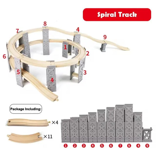 Set de rails de train en bois avec pistes en spirale et piliers de pont - 26 pièces Cadeau écologique pour enfants