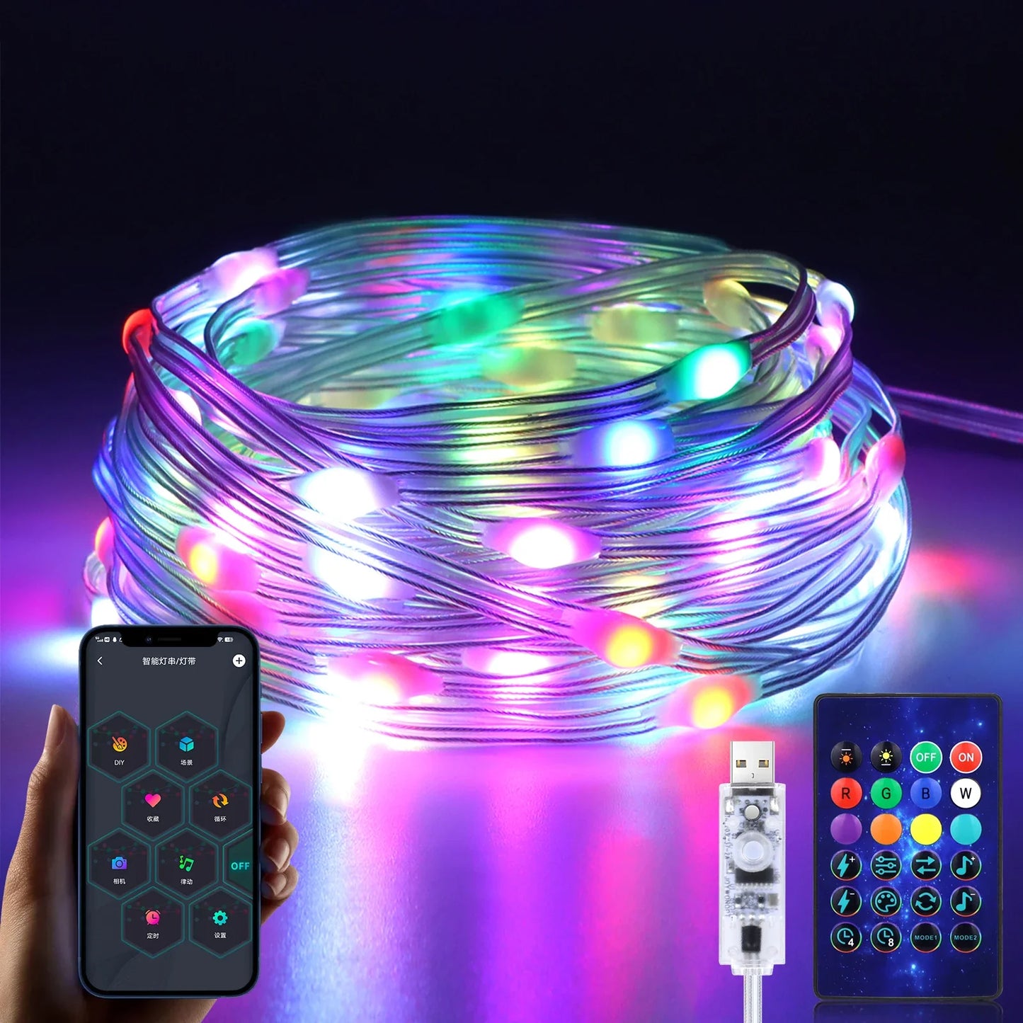 Guirlande lumineuse à LED Bluetooth Fairy pour Noël - Guirlande étanche pour sapin de Noël, décoration de vacances contrôlée par application et télécommande