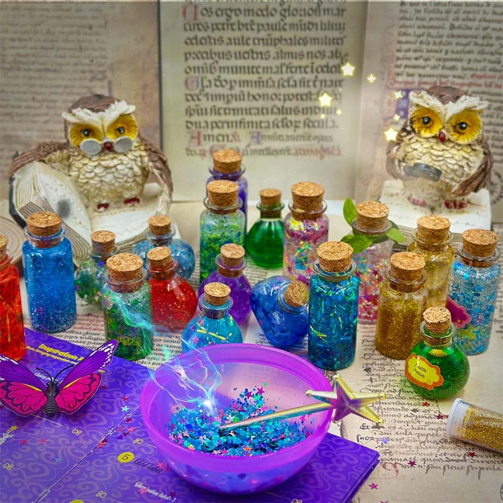 Kit de potions magiques DIY enchanteur pour enfants - 24 bouteilles, livre de sorts et accessoires magiques pour s'amuser à Halloween et Noël