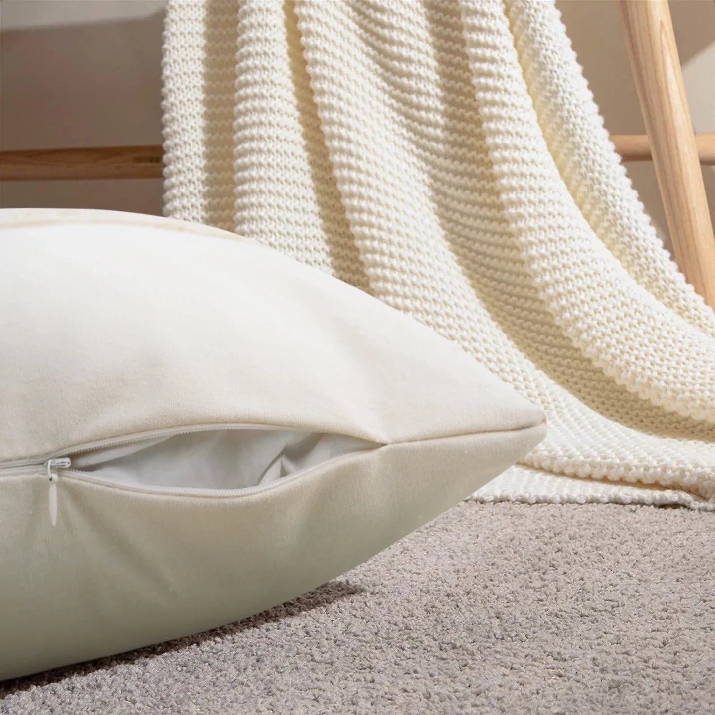 Coussin Boho - Housse de coussin géométrique beige avec franges