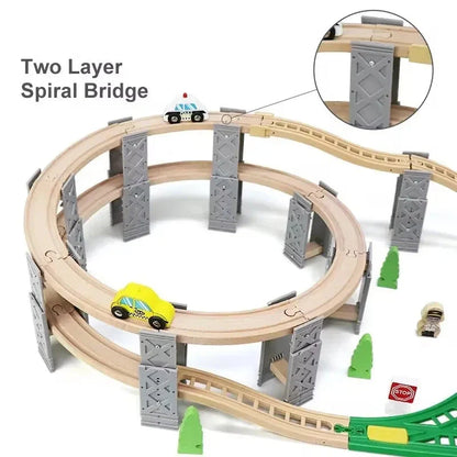 Set de rails de train en bois avec pistes en spirale et piliers de pont - 26 pièces Cadeau écologique pour enfants