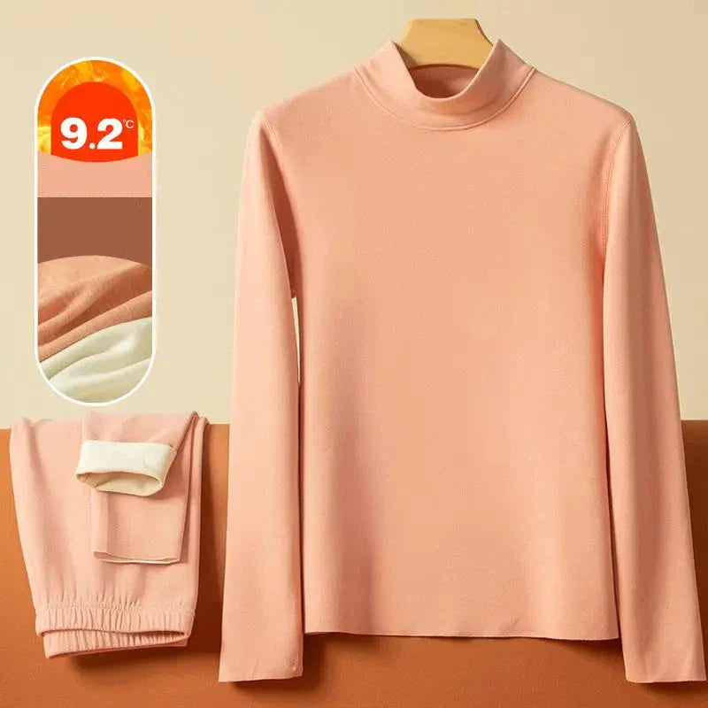 Ensemble de sous-vêtements thermiques en velours pour femmes - Couche de base à col moyen-haut chaud, vêtements de détente sans couture pour l'hiver