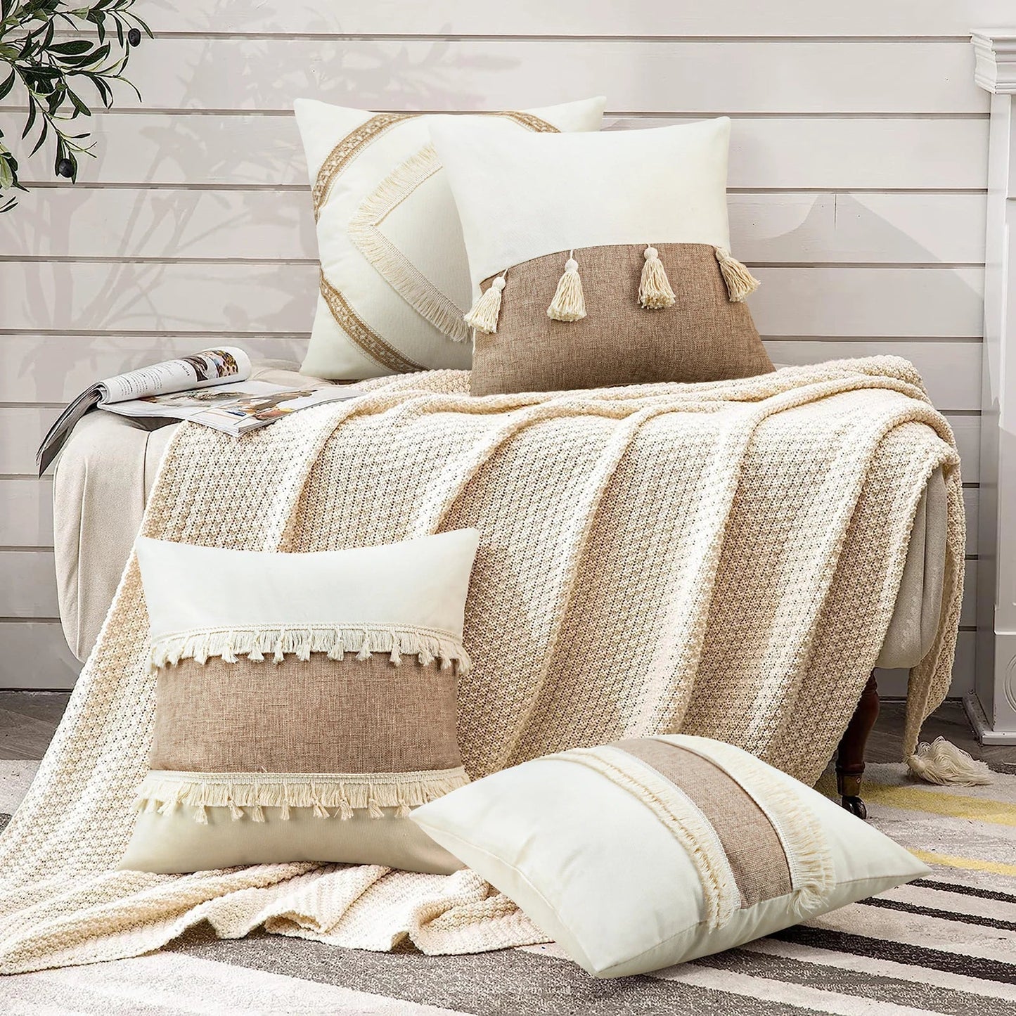 Coussin Boho - Housse de coussin géométrique beige avec franges