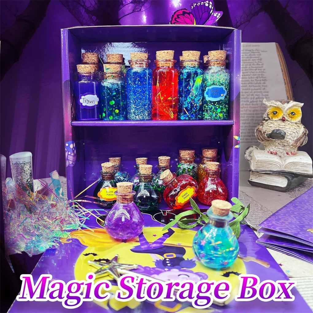 Kit de potions magiques DIY enchanteur pour enfants - 24 bouteilles, livre de sorts et accessoires magiques pour s'amuser à Halloween et Noël