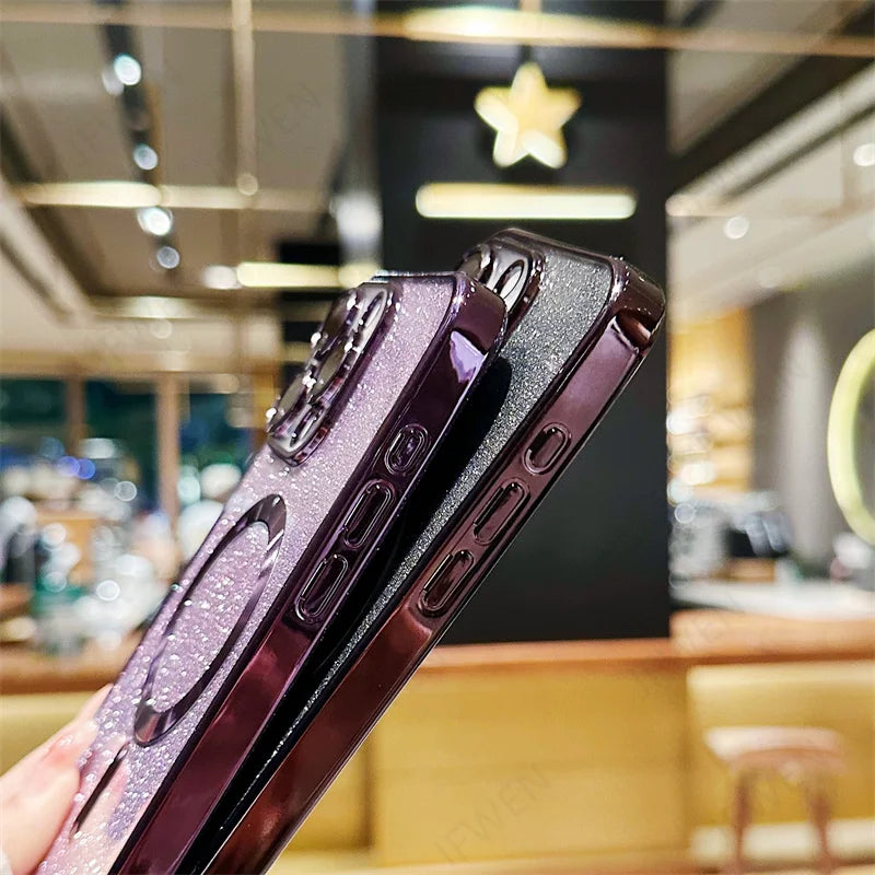 Coque de luxe avec strap croisé en glitter MagSafe pour iPhone 12 Pro, charge sans fil électroplaque, arrière en TPU, couverture avec cordon.