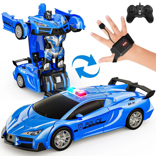 Voiture de police robot télécommandée à contrôle gestuel avec lumières LED - Jouet amusant pour enfants, transformation 2,4 GHz