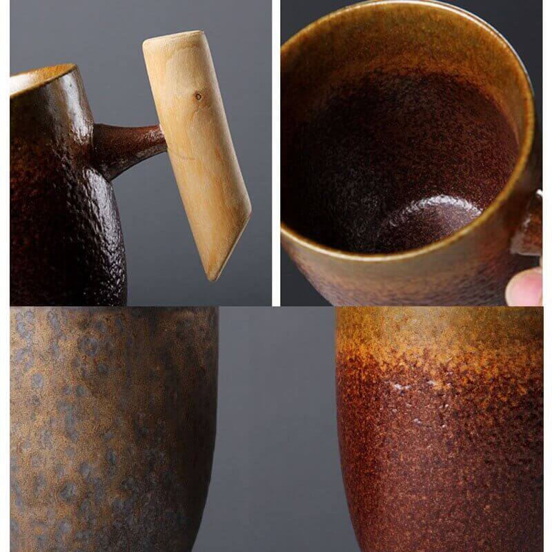Tasse rétro japonaise avec glaçure rouillée et poignée en bois