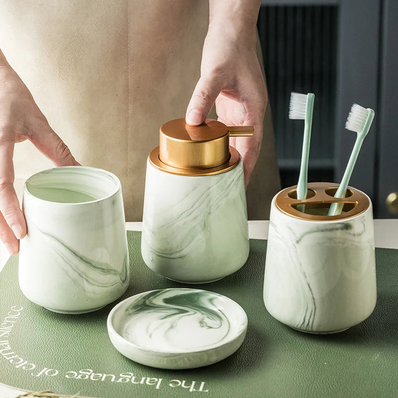 Floroux 4-piece bathroom set | Green marble design | Luxurious bathroom accessories for the home