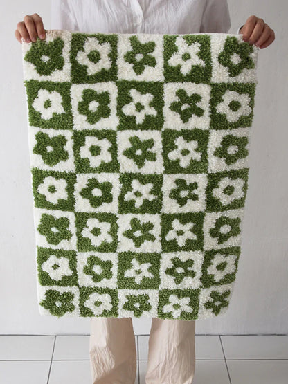 Tapis en laine douce tufté avec motif à carreaux floraux – Tapis de sol antidérapant et absorbant pour la salle de bain, la chambre et l'entrée