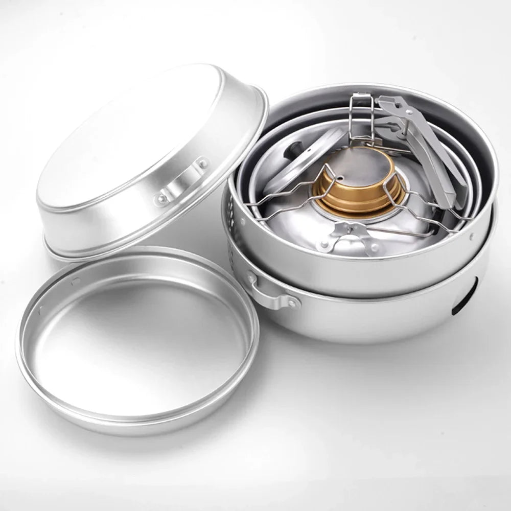 Kit de Réchaud de Camping 10pcs – Ensemble de Cuisine en Plein Air avec Casseroles, Poêles, Bouilloire, Réchaud à Alcool et Plus pour Randonnée, Camping et Escalade