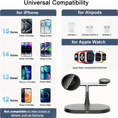 15W 3In1 MagSafe Support de Charge Sans Fil pour iPhone - Chargeur à Alimentation