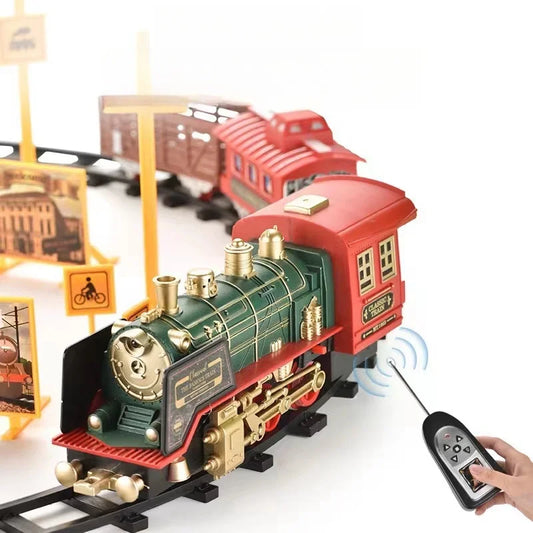 Ensemble de train à vapeur antique télécommandé - Cadeau de Noël pour enfants, train électrique rechargeable avec lumières et sons pour le plaisir des fêtes