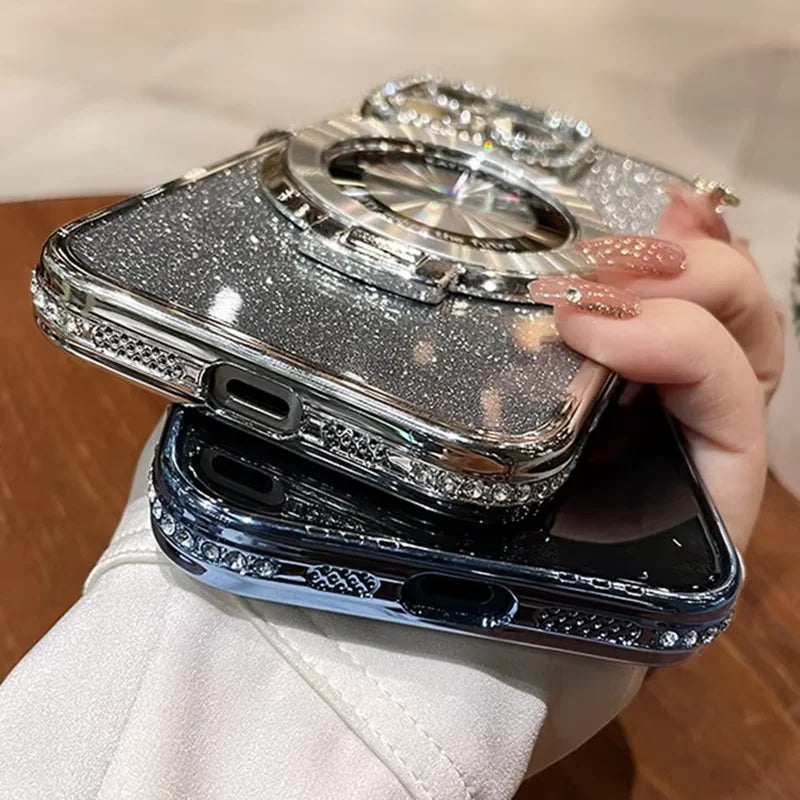 Coque de Plating Glitter Bling MagSafe de Luxe avec Support Anneau pour iPhone 16 ProMax 15 11 12 13 14 Plus Charge Sans Fil en Silicone Diamant