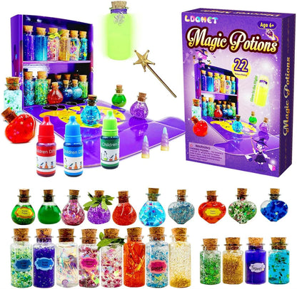 Kit de potions magiques DIY enchanteur pour enfants - 24 bouteilles, livre de sorts et accessoires magiques pour s'amuser à Halloween et Noël