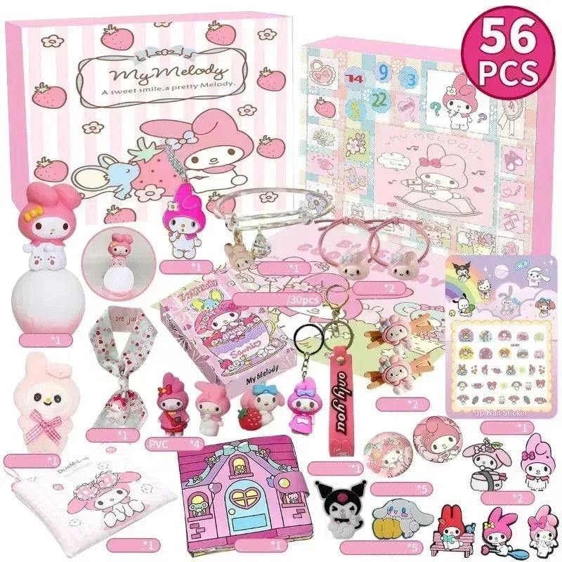 Calendrier de l'Avent de Noël Kawaii Sanrio Hello Kitty Kuromi - 24 porte-clés en figurine aléatoire pour le plaisir des vacances des enfants