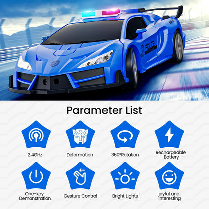 Voiture de police robot télécommandée à contrôle gestuel avec lumières LED - Jouet amusant pour enfants, transformation 2,4 GHz