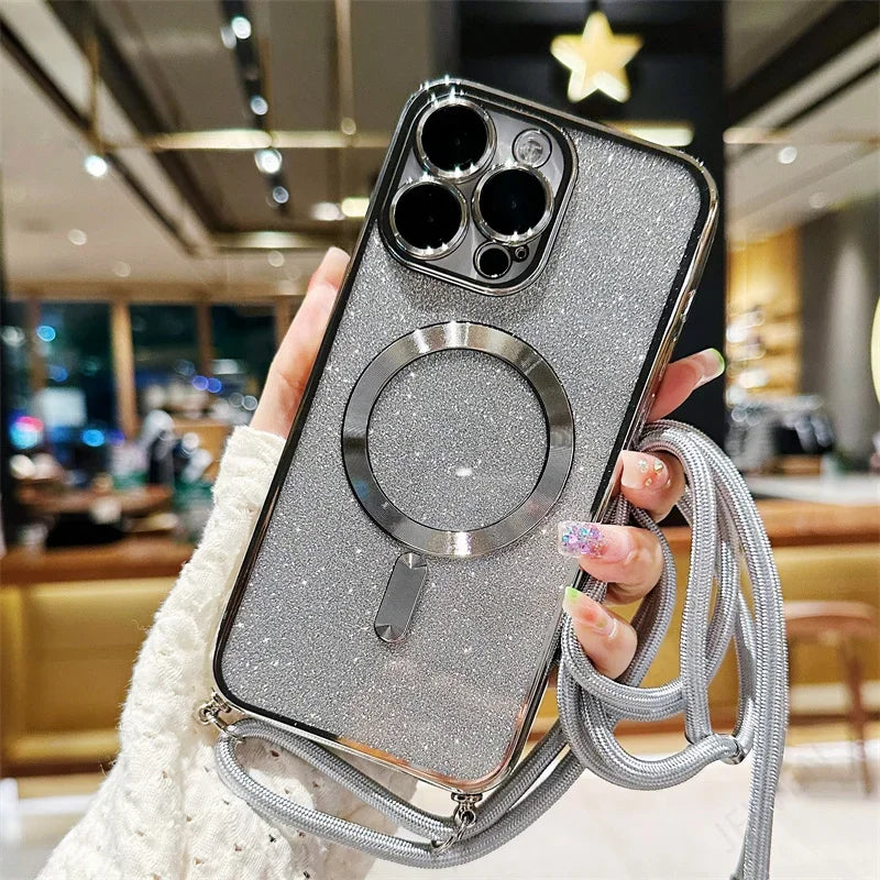 Coque de sangle croisée en paillettes MagSafe de luxe pour iPhone 12, charge sans fil électroplaquée, couverture arrière en TPU avec lanière