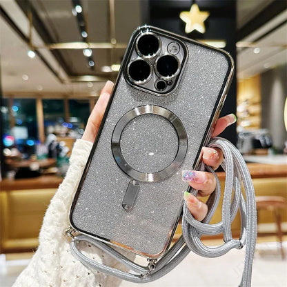 Coque de sangle croisée scintillante MagSafe de luxe pour iPhone 15 Plus, étui en TPU avec charge sans fil électroplaqué, couverture avec lanière.