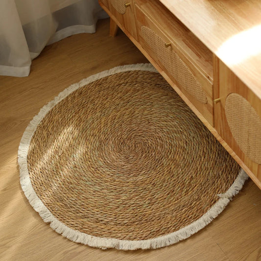 Tapis rond en jute et rotin fait main avec franges – tapis vintage pour chambre, salon et entrée