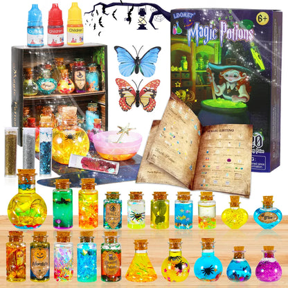 Kit de potions magiques DIY enchanteur pour enfants - 24 bouteilles, livre de sorts et accessoires magiques pour s'amuser à Halloween et Noël