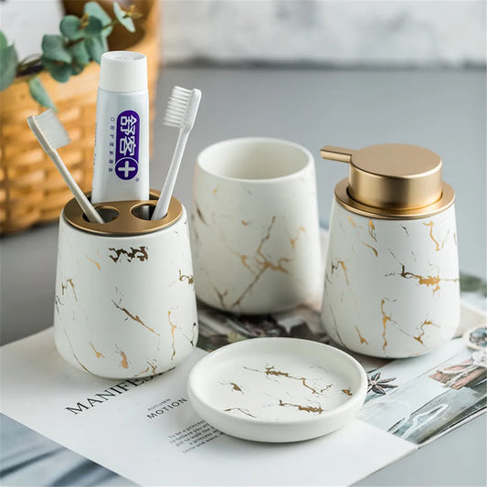 Floroux Nordic Ensemble de Salle de Bain | Ensemble de 4 Pièces en Marbre | Accessoires de Bain Luxueux | Élégant & Pratique