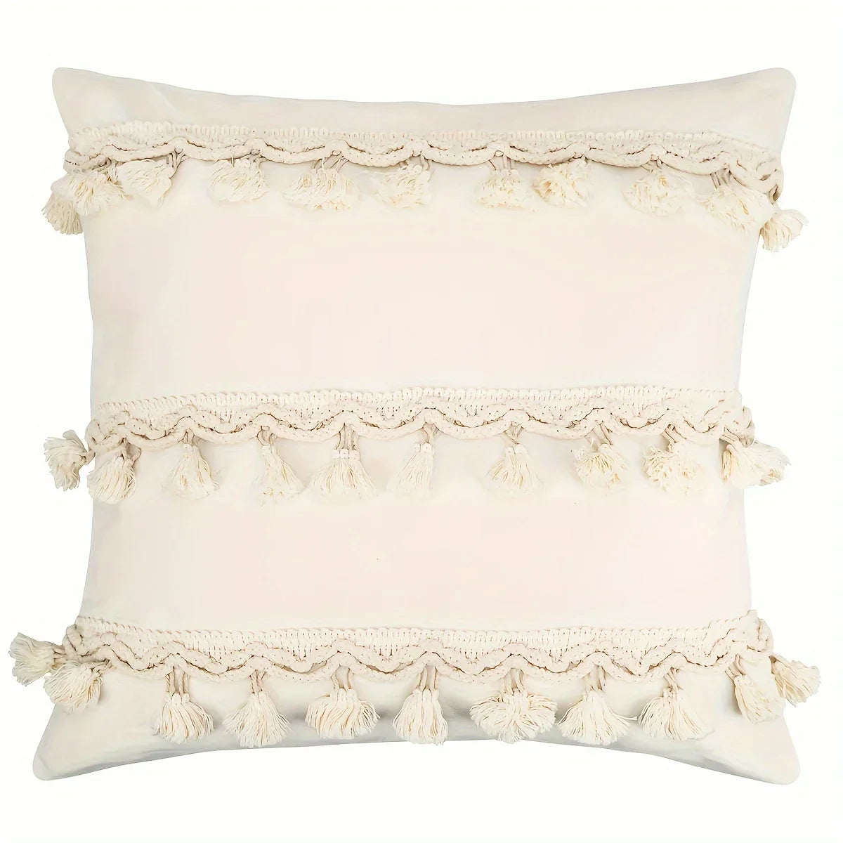 Coussin Boho - Housse de coussin géométrique beige avec franges