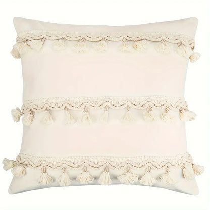 Coussin Boho - Housse de coussin géométrique beige avec franges