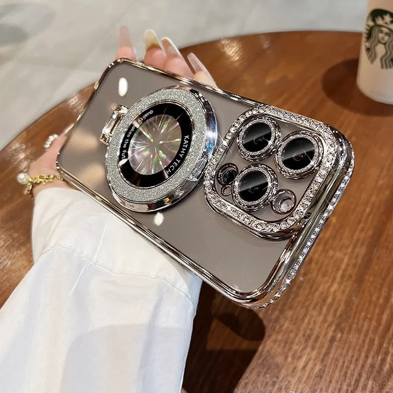 Coque de Plating Glitter Bling MagSafe de Luxe avec Support Anneau pour iPhone 16 ProMax 15 11 12 13 14 Plus Charge Sans Fil en Silicone Diamant