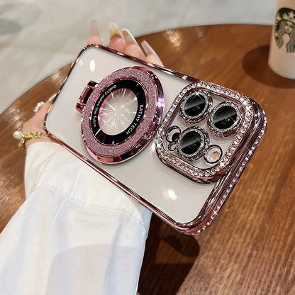 Coque de Plating Glitter Bling MagSafe de Luxe avec Support Anneau pour iPhone 16 ProMax 15 11 12 13 14 Plus Charge Sans Fil en Silicone Diamant