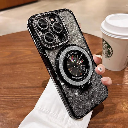 Coque de Plating Glitter Bling MagSafe de Luxe avec Support Anneau pour iPhone 16 ProMax 15 11 12 13 14 Plus Charge Sans Fil en Silicone Diamant