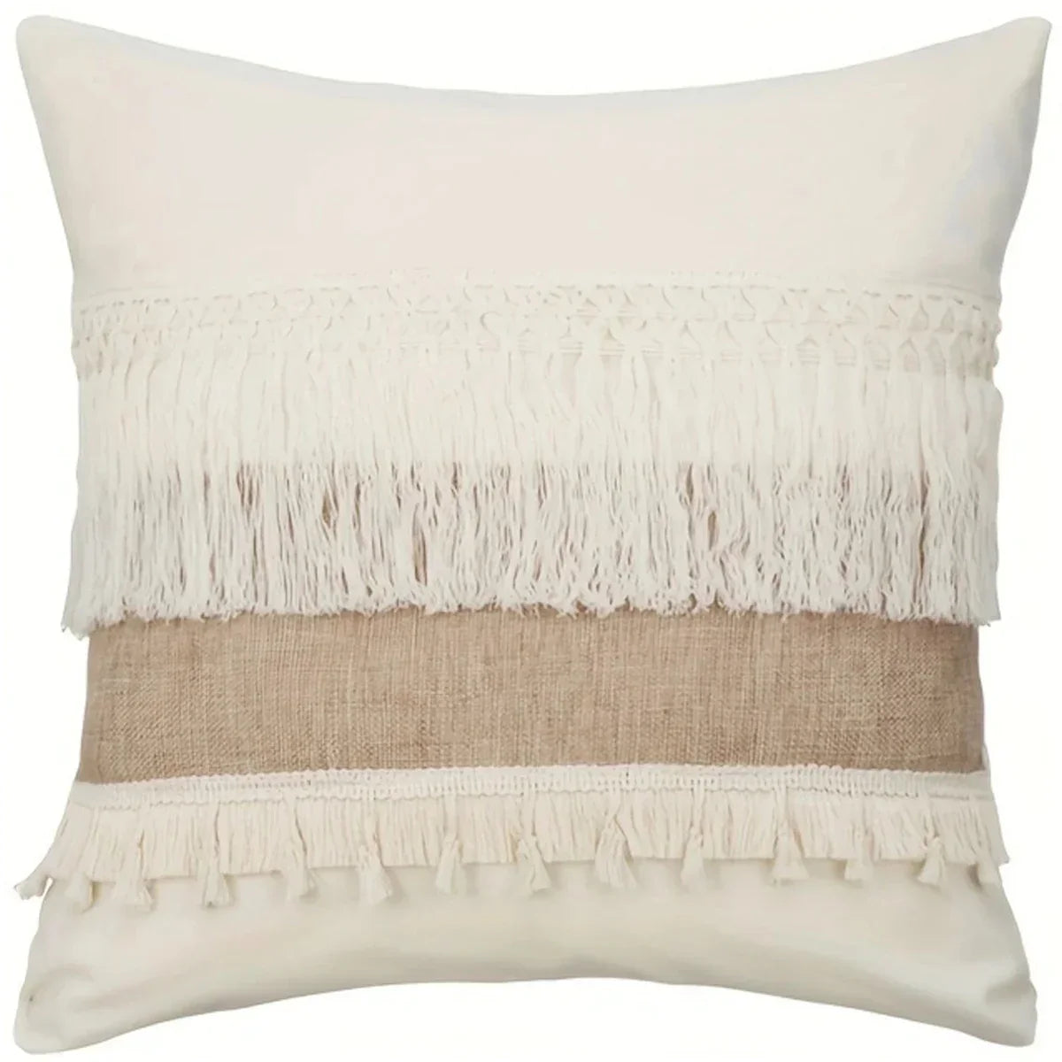 Coussin Boho - Housse de coussin géométrique beige avec franges