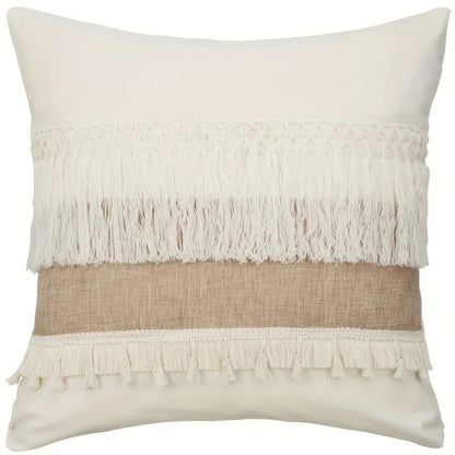 Coussin Boho - Housse de coussin géométrique beige avec franges