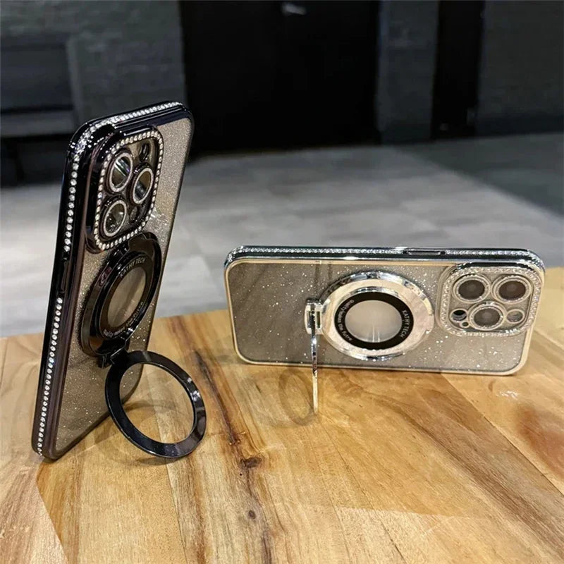 Coque scintillante en bijoux de chargement sans fil Magsafe de luxe pour iPhone 16 11 12 13 14 15 Pro Max support magnétique brillant.