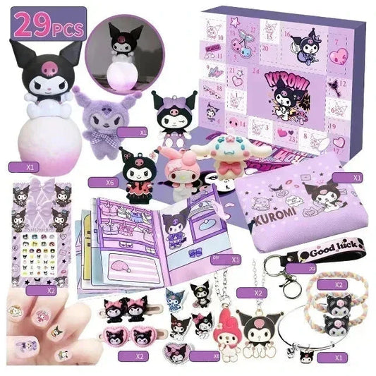 Calendrier de l'Avent de Noël Kawaii Sanrio Hello Kitty Kuromi - 24 porte-clés en figurine aléatoire pour le plaisir des vacances des enfants