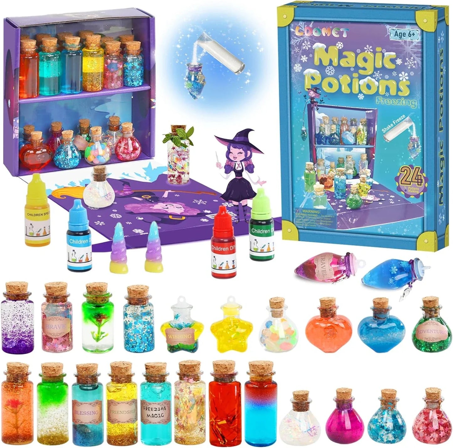 Kit de potions magiques DIY enchanteur pour enfants - 24 bouteilles, livre de sorts et accessoires magiques pour s'amuser à Halloween et Noël