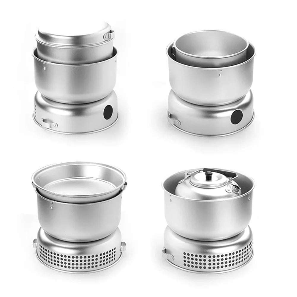 Kit de Réchaud de Camping 10pcs – Ensemble de Cuisine en Plein Air avec Casseroles, Poêles, Bouilloire, Réchaud à Alcool et Plus pour Randonnée, Camping et Escalade
