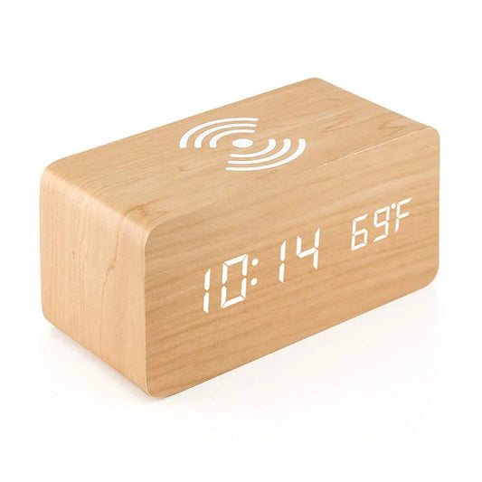 EcoHorloge – Horloge LED en bois avec affichage de la température et chargement sans fil